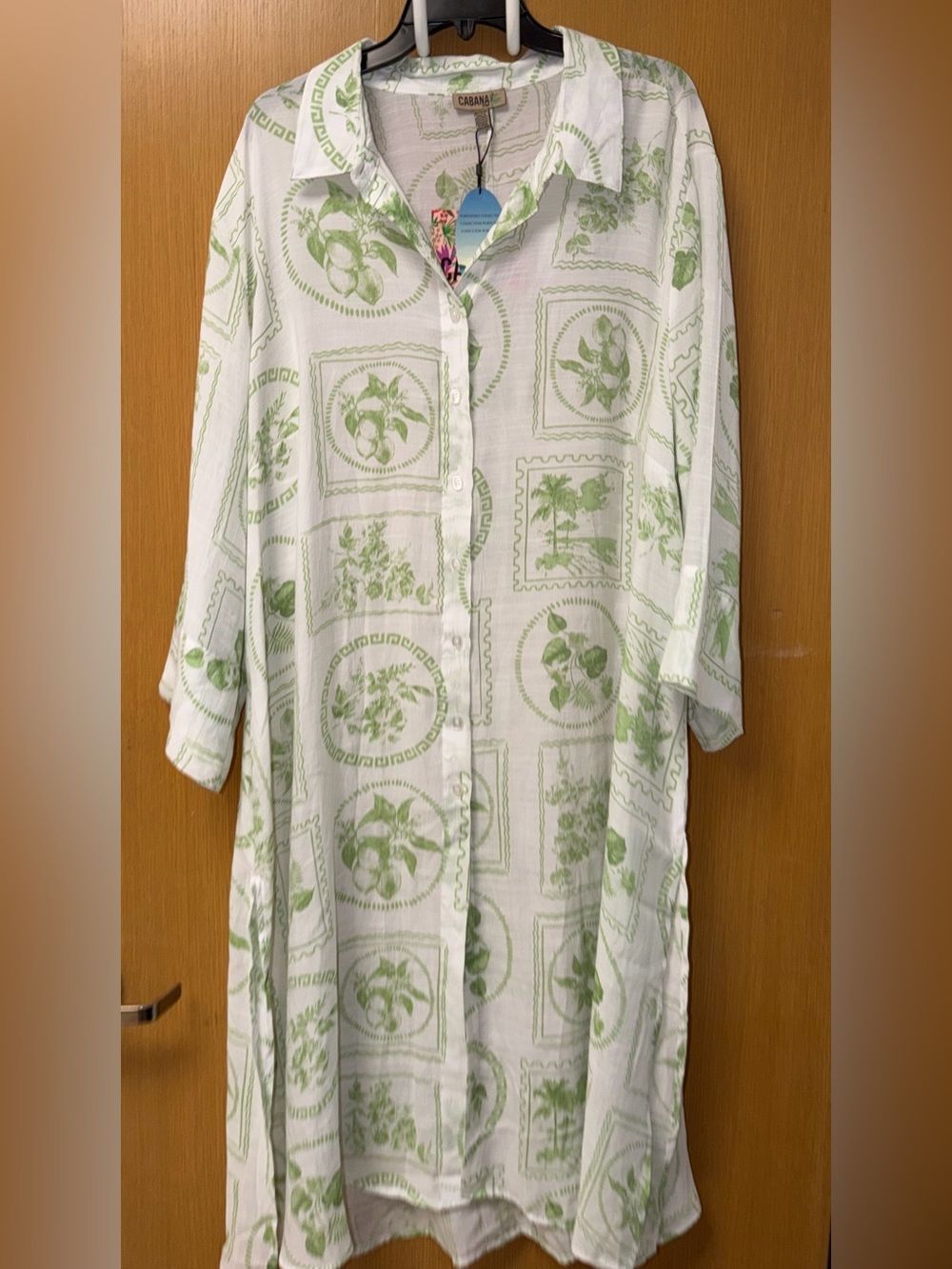 CABANA 2XL Portofino White Green Coastal Lemons Greenery Graphic Kimono Cover Up